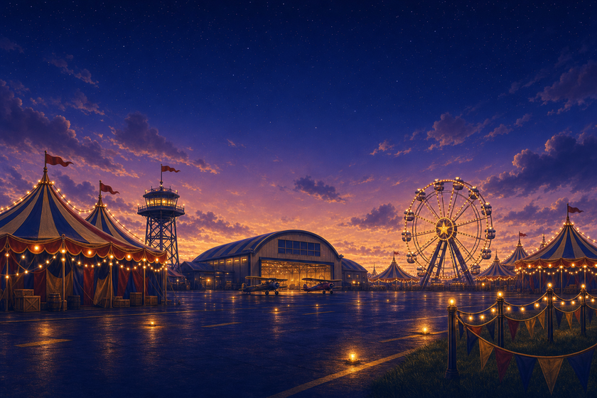A calm dusk view of a carnival airfield with circus tents, a ferris wheel and parked biplanes