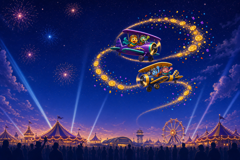 Two cartoon biplanes performing a loop over a carnival airfield at night with fireworks and a crowd silhouette below