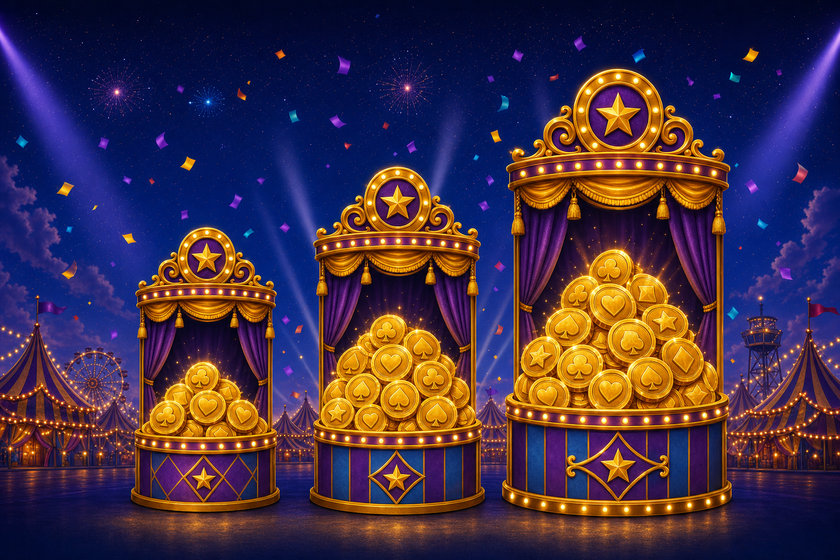 Three ornate golden carnival ticket booths of increasing size, each piled with gold coins, representing the three Bonus Buy tiers