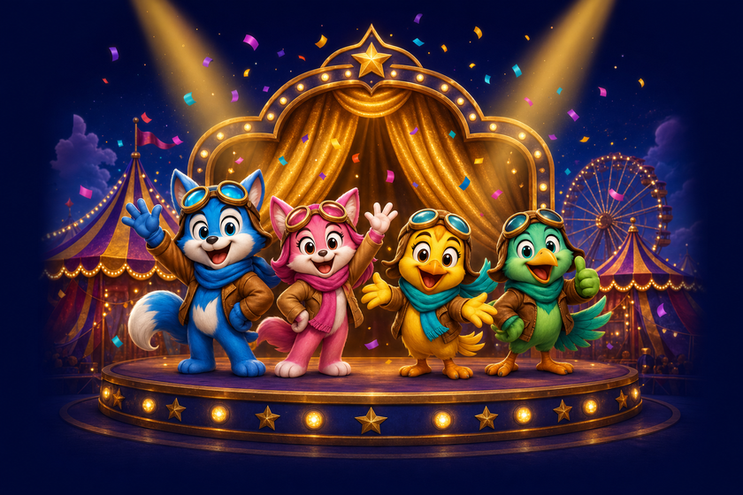 Four cartoon animal carnival pilots waving on a spotlighted stage in front of a carnival tent and ferris wheel