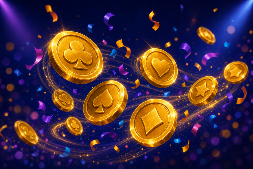A swirl of golden carnival coins and confetti ribbons against a night-sky background