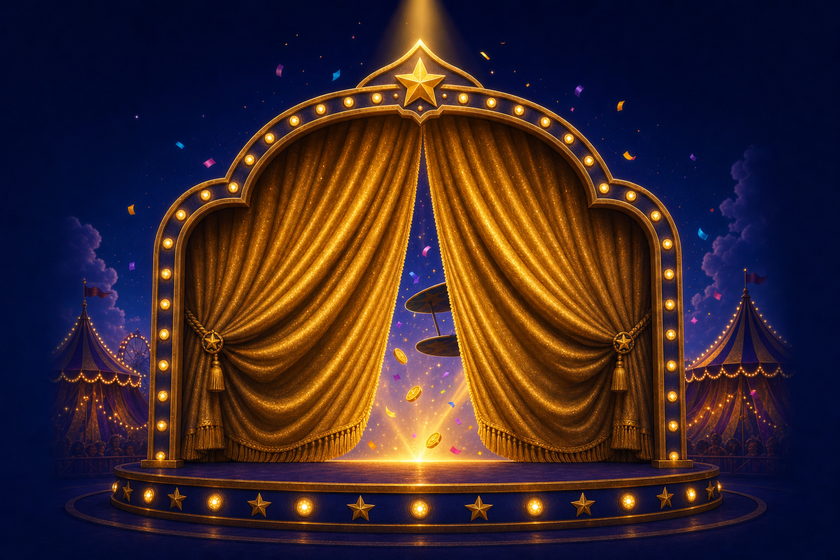 A grand golden theater curtain slightly parted on a carnival stage, symbolizing more regions yet to be confirmed