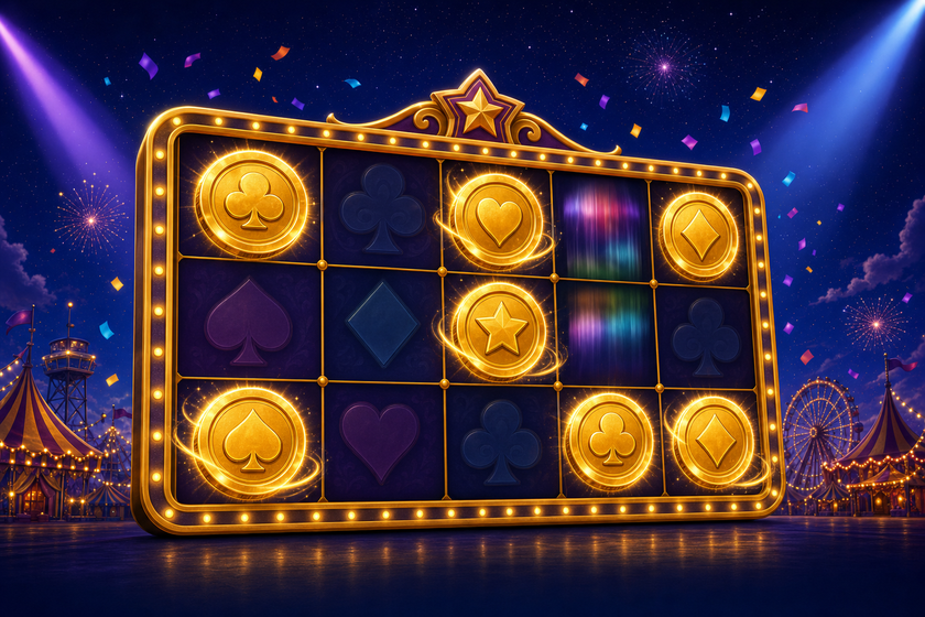 Illustration of a glowing carnival-style slot reel grid with gold coins locked in place during a Hold & Win respin