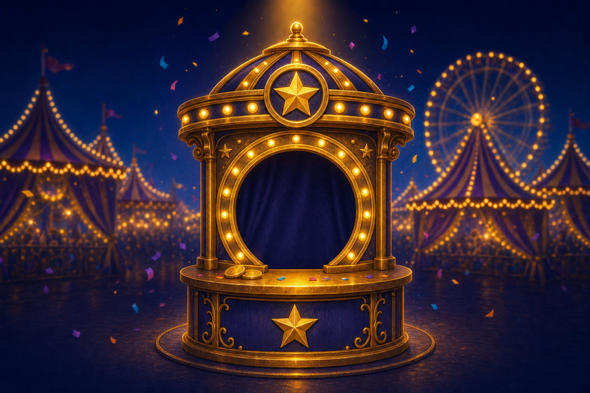 A small ornate golden carnival ticket booth with string lights, coins on its counter, and a ferris wheel in the background