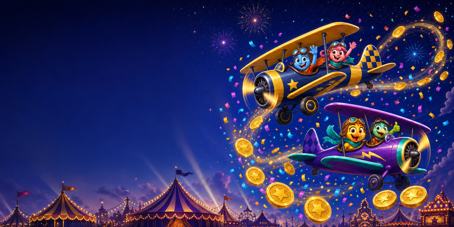 Two cartoon biplanes trailing golden coins over a night sky — Rump & Friends, the Hold & Win slot by InOut Games